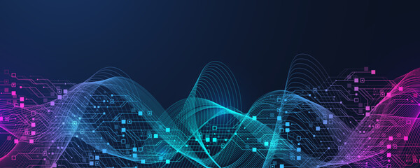 Fototapete - Artificial Intelligence or machine learning vector design. Quantum computer technology concept with circuit board and motherboard texture background design. Waves flow quantum explosion