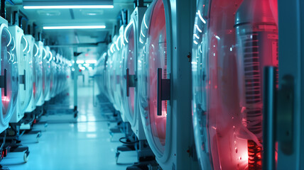 Poster - This Sleek cryonic chambers glow with vibrant light, holding individuals in suspended animation.