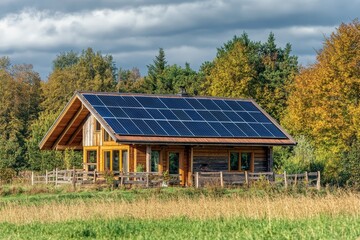 Wall Mural - cozy wooden house with solar panels in a rural setting near a forest and meadow on a cloudy day