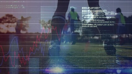 Poster - Athletes running on field with financial data and coding overlay animation