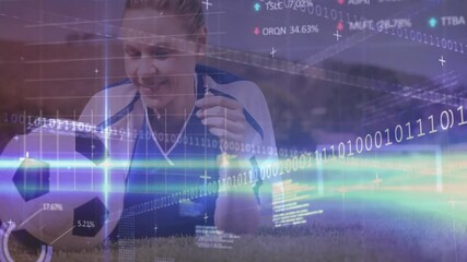 Poster - Holding soccer ball, athlete with digital animation and binary code overlay