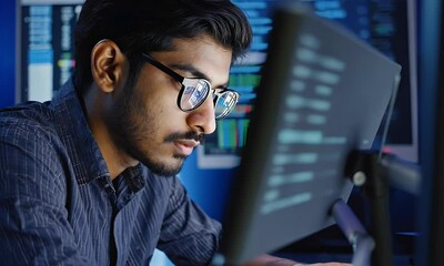 a focused programmer, illuminated by his computer monitor, working in a dark environment.