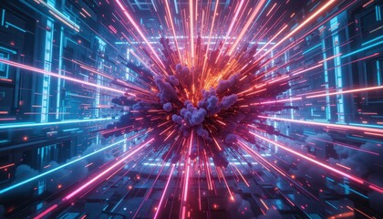 Poster - Vibrant Explosion of Light and Color in Futuristic Digital Space