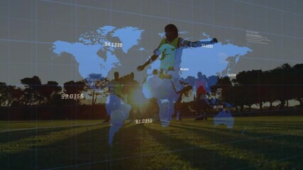 Poster - Practicing on field, soccer players with animation of world map and data overlay