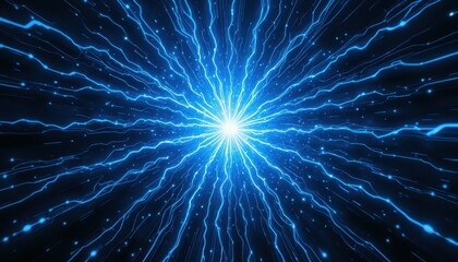 Poster - Electric Blue Beam with Radiating Lines in Dark Infinity Space