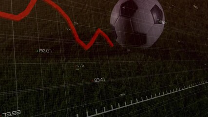 Poster - Animation of declining financial graph with soccer ball on green field background