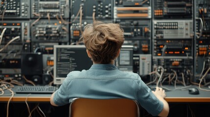 Young IT Professional Engaged in Network Management and System Upgrades, Focused on Computer Screen Surrounded by Equipment