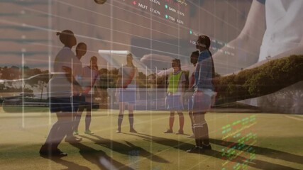 Poster - Soccer players on field with financial data processing animation over them