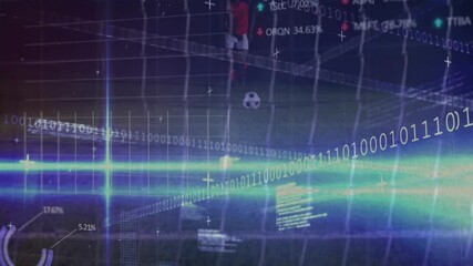 Poster - Binary code and data overlay on soccer player in digital grid animation