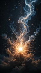 Poster - Dramatic Burst of Light Among Stars and Cosmic Clouds at Night