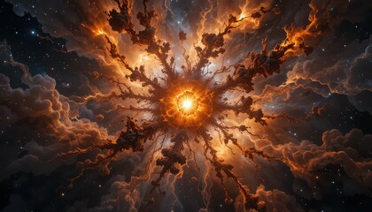 Poster - Abstract Cosmic Explosion with Fiery Center and Dark Clouds