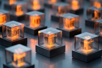 Fototapete - A set of digital blocks with data inside signifying a blockchain ledger.