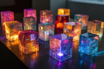 Fototapete - A set of digital blocks with data inside signifying a blockchain ledger.