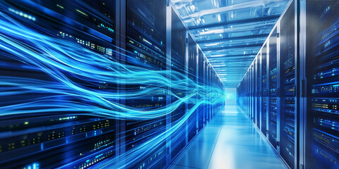 Poster - Futuristic data center with vibrant blue energy flow Generative AI