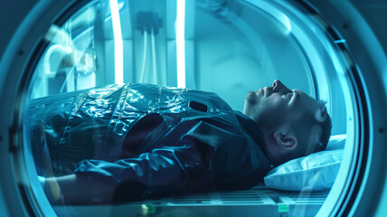 Poster - This person is suspended in a cryonic chamber, ready for hibernation in high-tech gear.