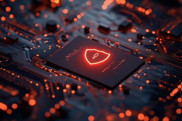 Poster - this photo shows a computer chip with a red shield glowing on its surface a map pin protected by a d