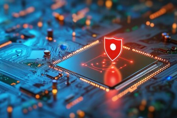 Poster - this photo shows a computer chip with a red shield glowing on its surface a map pin protected by a d
