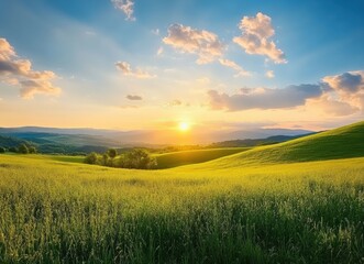Poster - Rolling hills bathed in golden sunset light over tuscany landscape