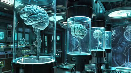 Poster - This Advanced lab showcases cryogenically preserved brains, highlighting future biotech and exploration.