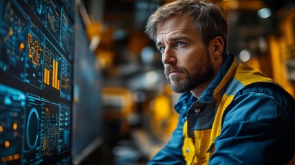 Poster - A logistics expert reviews critical inventory information on a high tech display within a busy warehouse environment focused on efficient distribution and shipping operations.