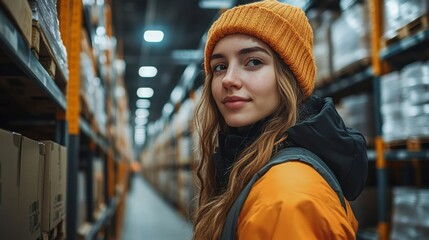 Poster - Woman wearing a vibrant orange hat and jacket looks back while standing in a well organized warehouse filled with storage shelves and inventory boxes ready for distribution.