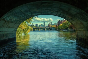 Poster - This photo shows a river flowing under a bridge with a city in the background Bostons historical cityscape viewed from over the Charles River .