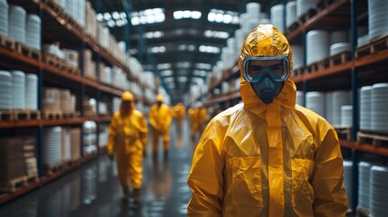 Poster - Employees wearing protective gear are engaged in handling inventory in a spacious warehouse focused on logistics, distribution, and freight management. The atmosphere is professional and organized.