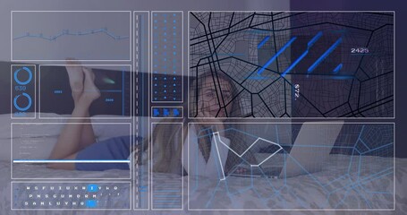 Poster - Using laptop, woman interacting with animation of futuristic data and map interface