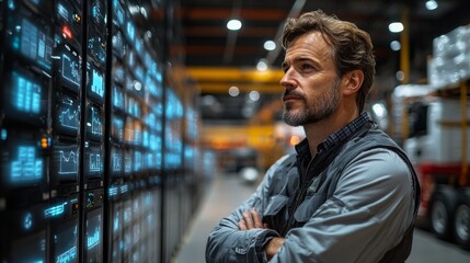 Poster - A logistics professional stands with arms crossed, closely observing data metrics on display screens in a busy warehouse dedicated to sorting and distribution activities.