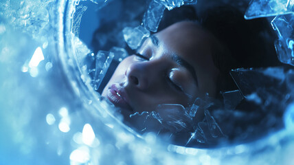 Poster - This person is frozen in a cryogenic chamber, symbolizing future preservation technology.