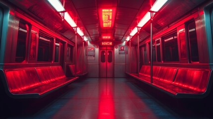 Fototapete - Empty subway train with bright red lighting creates a striking visual effect. The sleek seating and clean lines highlight urban transportation's modern design, offering a unique commuter experience.