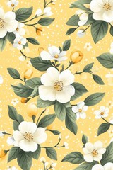 Poster - Gentle Yellow Floral Pattern, Watercolor Background with Sketched Flowers and Tiny Dots