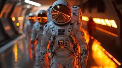 Poster - A group of astronauts walks purposefully down a corridor illuminated by orange lights, gearing up for an upcoming space mission that showcases human ingenuity in aerospace advancements.
