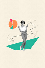 Aufkleber - Poster banner collage of young woman hold gadget point charts on pastel color background