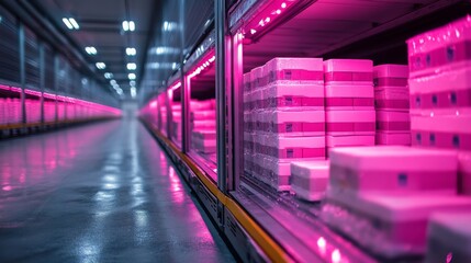 Poster - A climate controlled warehouse is set up for cold storage, featuring organized shelves filled with packages designed for perishable pharmaceutical items.