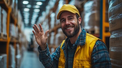 Poster - A cheerful worker is smiling and waving in a busy logistics warehouse. The space is filled with neatly stacked inventory, showcasing effective storage and organization.