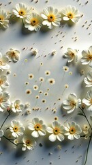 Poster - A white flower arrangement with a white background. The flowers are in a circle and are white. The background is white and has a few specks of dirt