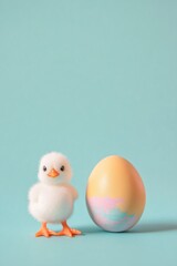 Poster - bright capture of baby chick figurine placed alongside painted egg their soft hues and textures creating playful and