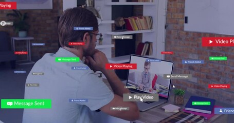 Poster - Working at desk, man using computer with animation of social media notifications