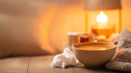 Poster - creative capture of bowl of soup on wooden table surrounded by cozy setting of tissues herbal tea and warm glow from