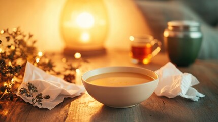 Poster - creative capture of bowl of soup on wooden table surrounded by cozy setting of tissues herbal tea and warm glow from