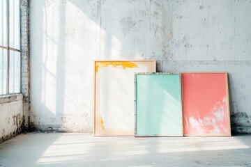 Poster - creative image of art and frames section with colorful artwork leaning against wall and ample copy space