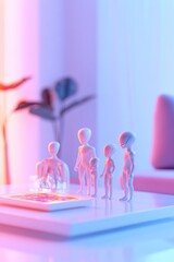Poster - family of humanoid aliens engaging in holographic board game in their futuristic living room soft ambient light and