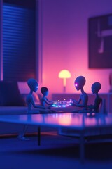 Poster - family of humanoid aliens engaging in holographic board game in their futuristic living room soft ambient light and