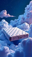 Poster - A white mattress is floating in the air. The mattress is on top of a cloud