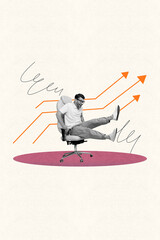 Poster - Creative poster collage of young manager guy ride chair on pastel background with arrows charts