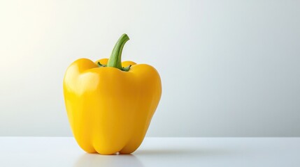 Poster - minimalist photo of vibrant yellow bell pepper displayed on smooth white surface with natural reflec