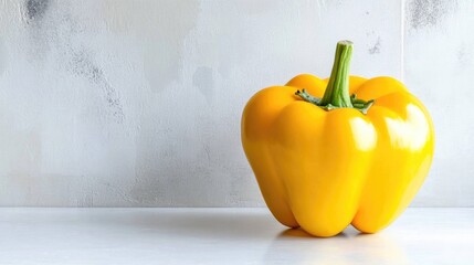 Poster - minimalist photo of vibrant yellow bell pepper displayed on smooth white surface with natural reflec