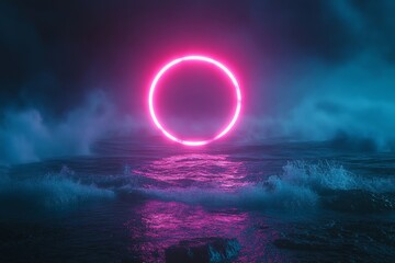vibrant neon light ring overlooking stormy ocean and foggy sky with cosmic black hole effect