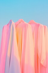 Poster - serene image of minimalist pastel outfits arranged neatly backstage lighting soft and inviting creating ample negative